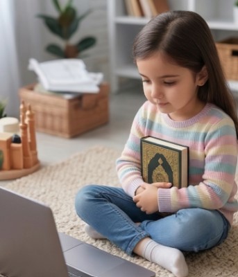 Girl with Quran at laptop