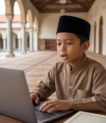 Boy with topi in mosque learning